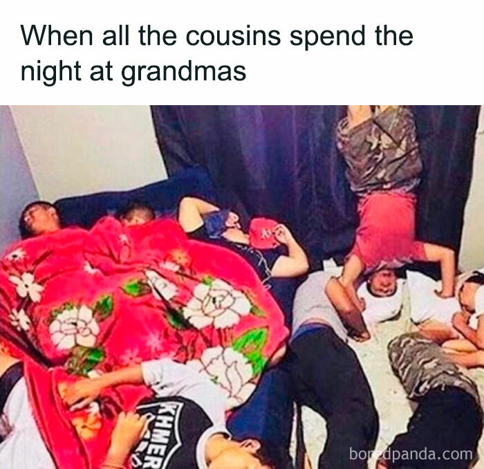 Kids comically sprawled across a small space, capturing a hilarious meme about life at grandma's.