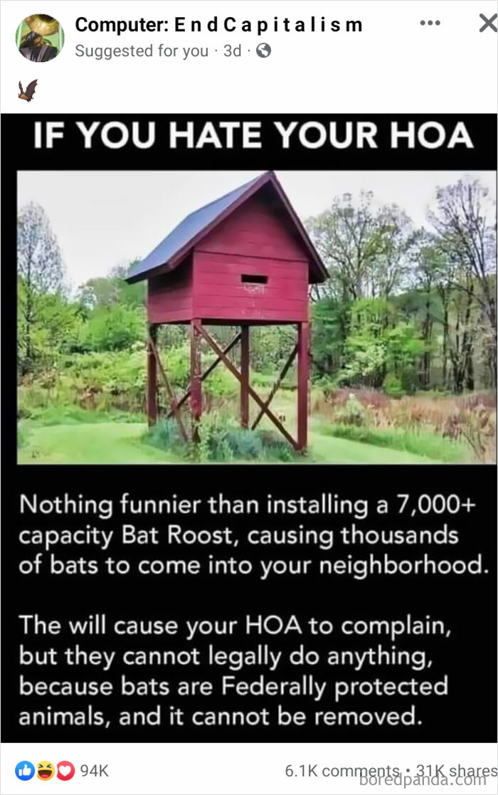 A large red bat roost installed to annoy a homeowners association, showing vandalism for humanity chaotic good act.