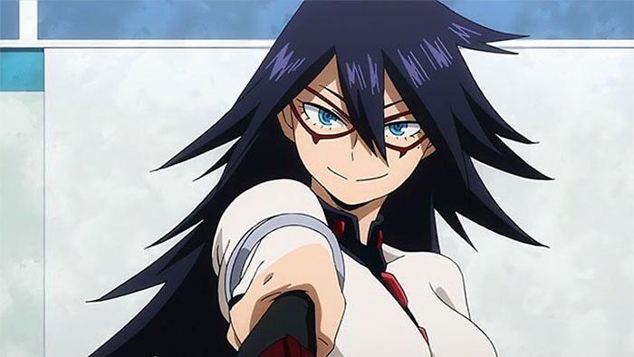 Anime character with blue eyes and black hair, wearing glasses and a white outfit, showcases a confident expression.