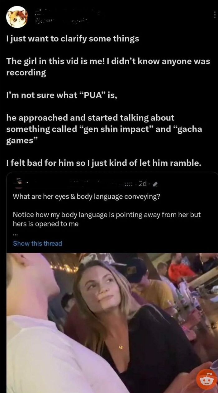 Embarrassing encounter at a bar; woman looks uncomfortable as man talks about games, unaware he is being recorded.