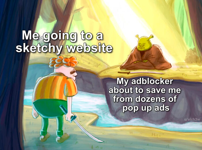 Shrek meme about a sketchy website and adblocker saving from pop-up ads.