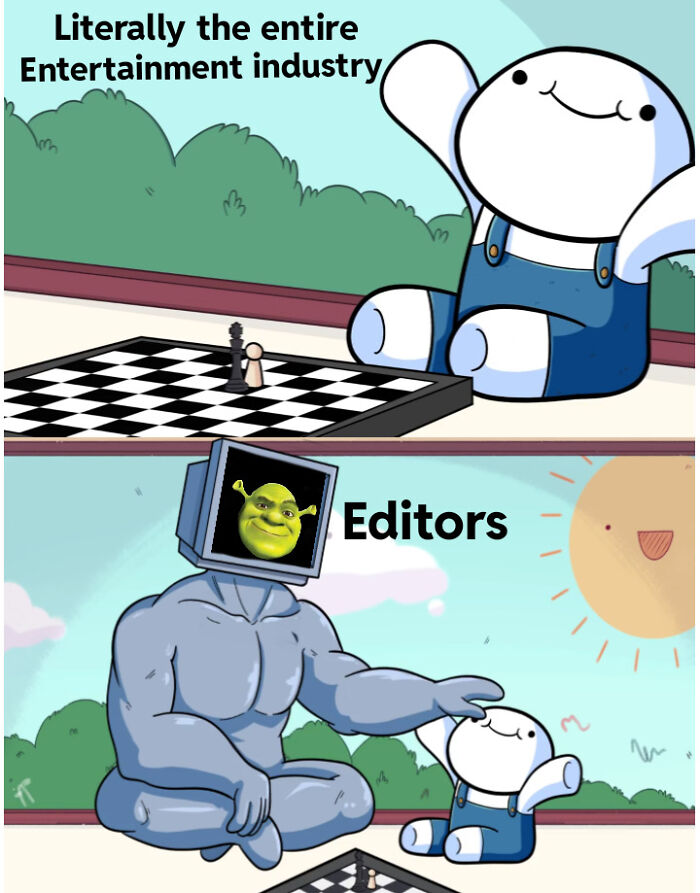 Cartoon character with a computer screen Shrek head and text about the entertainment industry in a meme format.