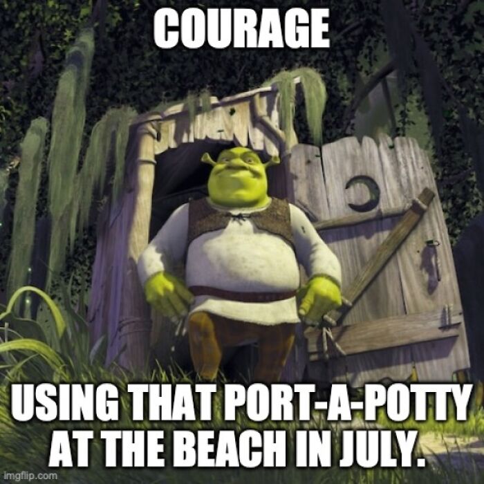 Shrek meme showing courage for using a port-a-potty, illustrating humor that's taking the internet by storm.