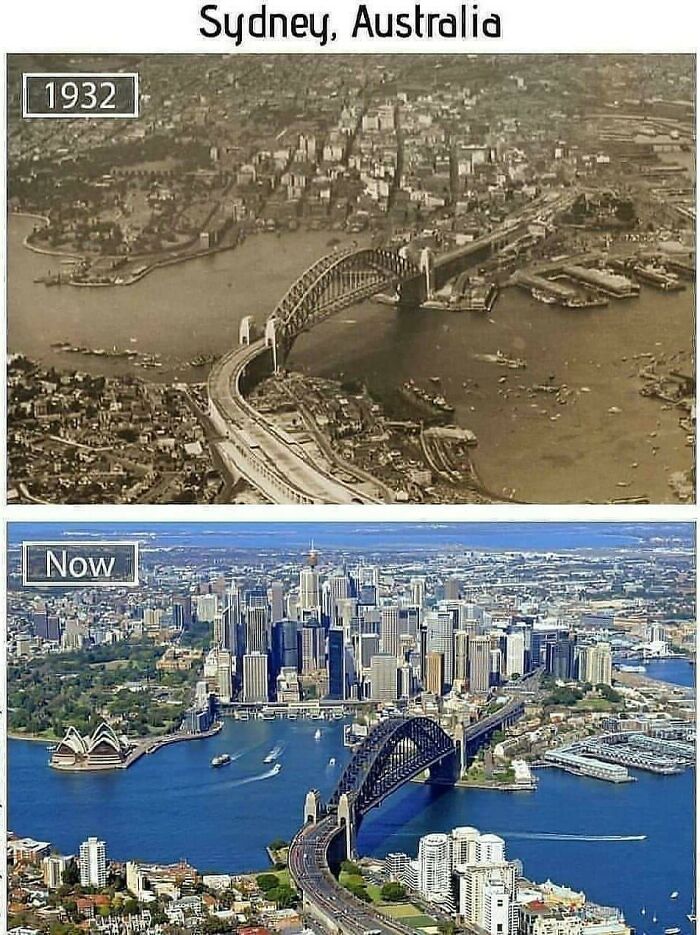Aerial then and now photos of Sydney showing how time affects the cityscape and urban development.