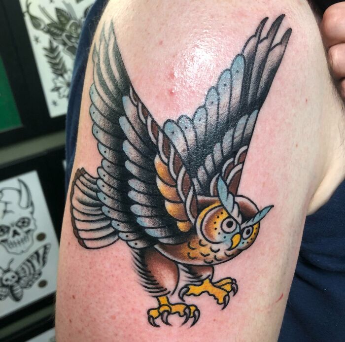 American traditional tattoo of an owl with detailed wings on an arm.