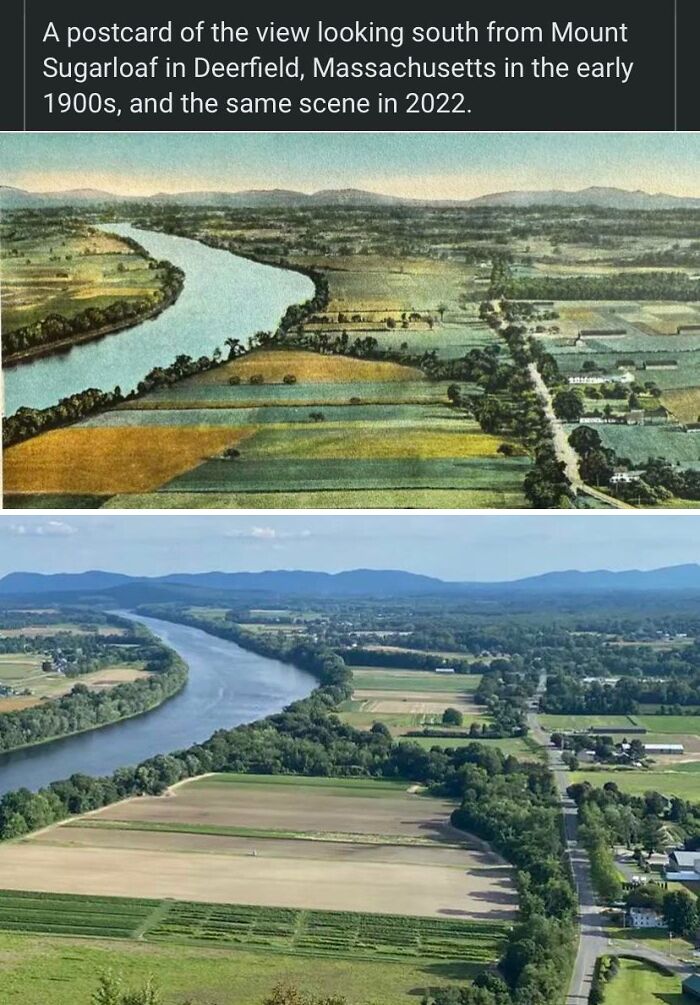 Two then and now photos showing the changing landscape and development near Mount Sugarloaf in Deerfield over time.