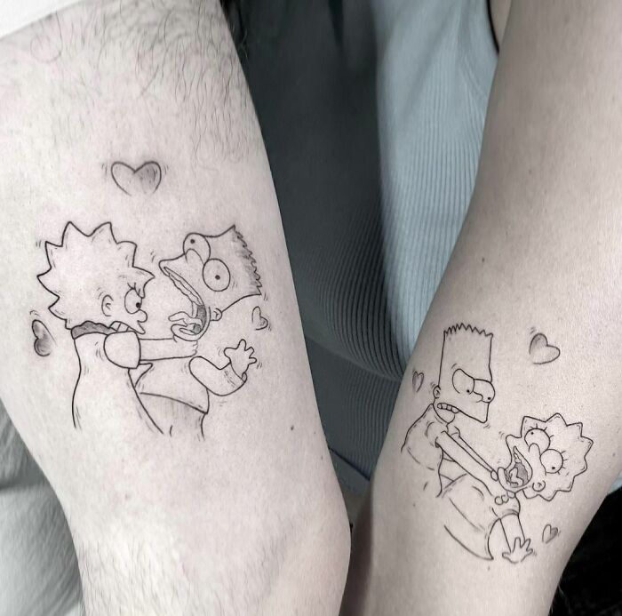 Small, simple brother and sister tattoos featuring cartoon characters with hearts.