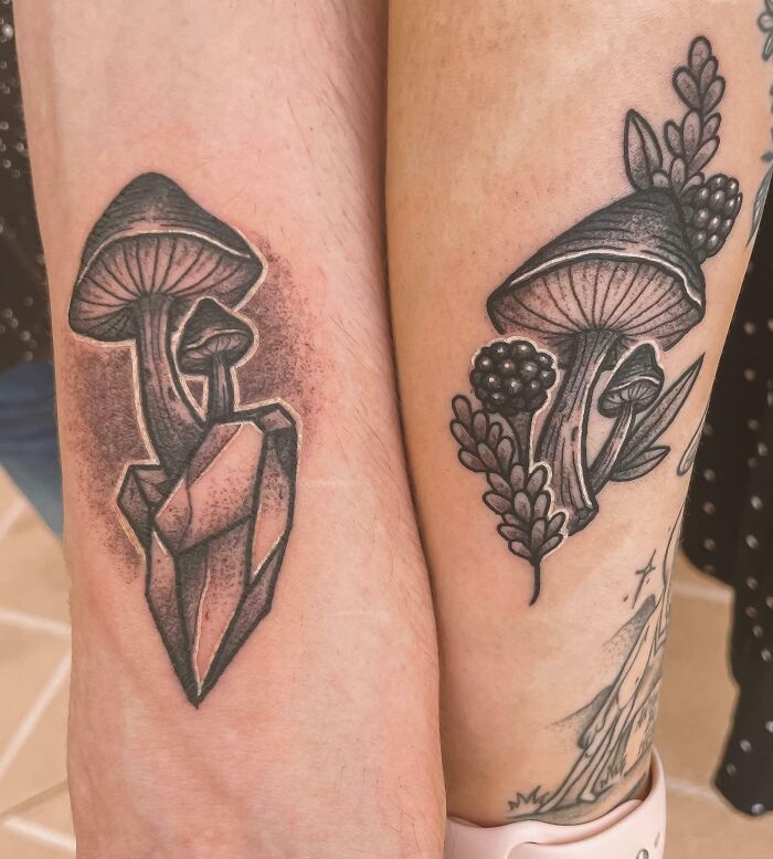 Matching brother and sister tattoos featuring mushrooms and crystals on forearms, symbolizing kinship and simplicity.