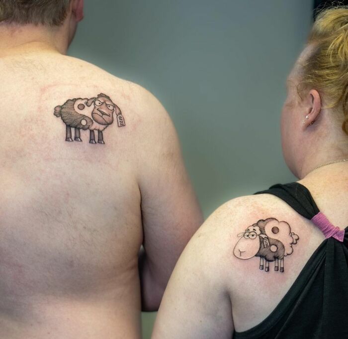 Brother and sister tattoo of matching whimsical sheep on their shoulders.