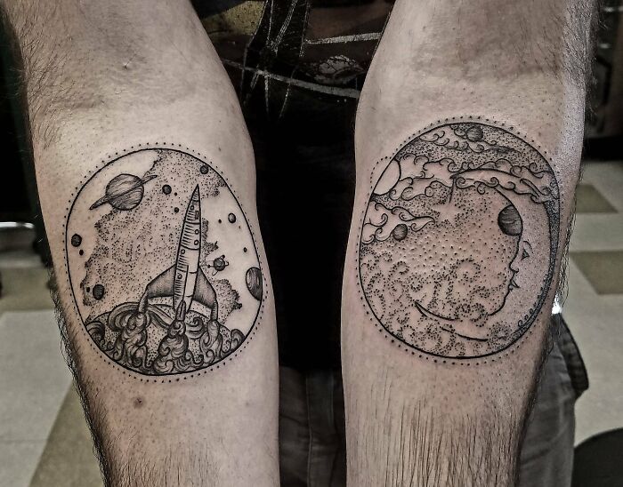 Space tattoos featuring a rocket and cosmic face on forearms, showcasing intricate celestial designs.