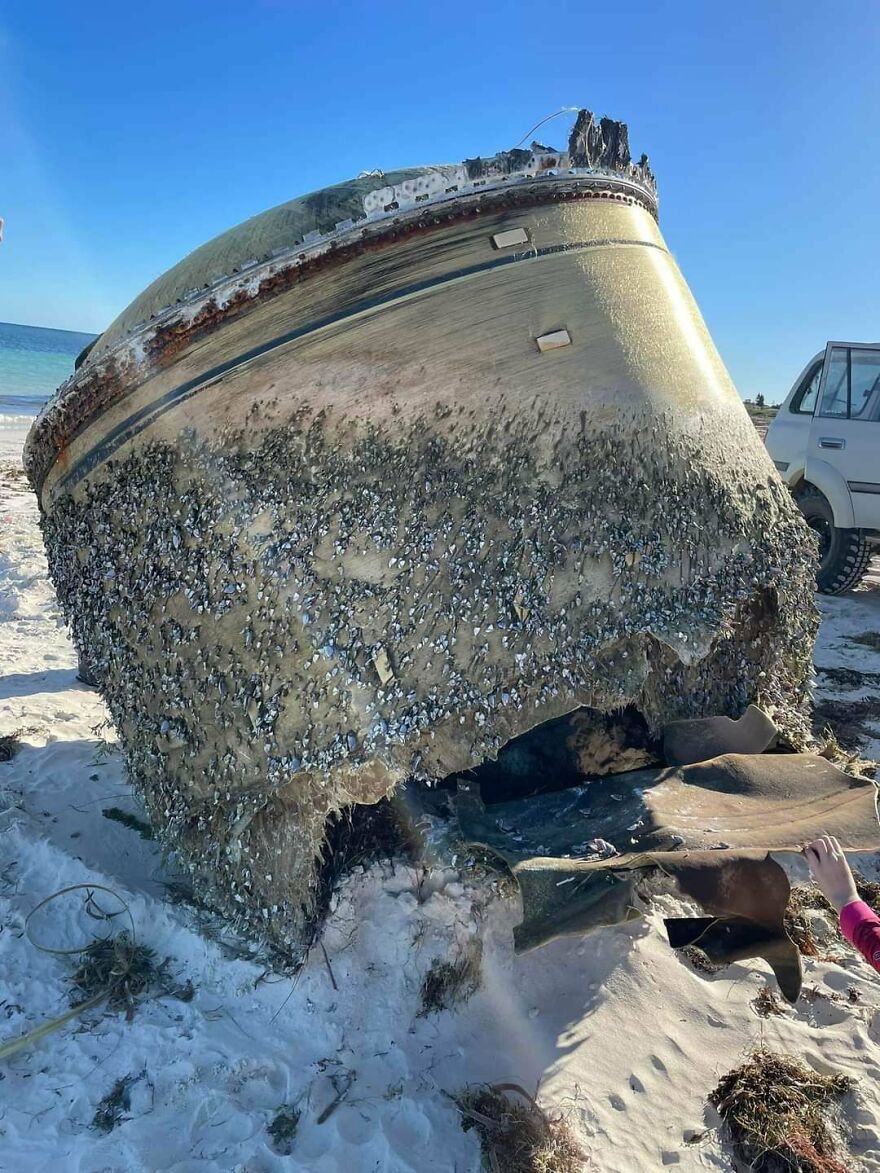 Approximately 2.5m Tank Like Object. Appears To Be A Lid On Top. Cracked To The Bottom. Small Barnicles Growing To Exterior. Made Of Metal With What Appears To Be A Wood Type Material On The Top.