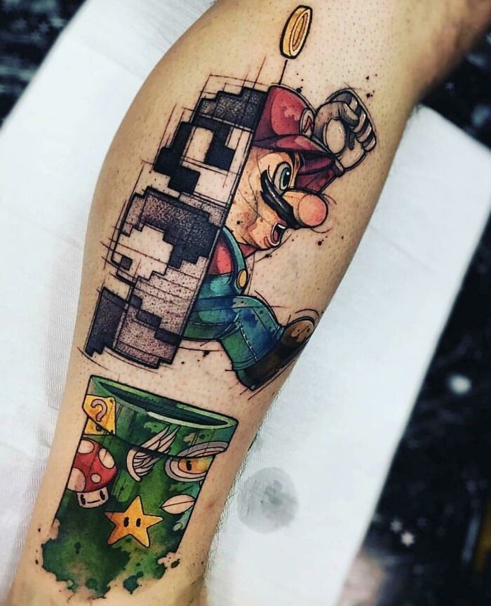 Pixelated Mario tattoo design with pipe and star, ideal for video game tattoo enthusiasts.
