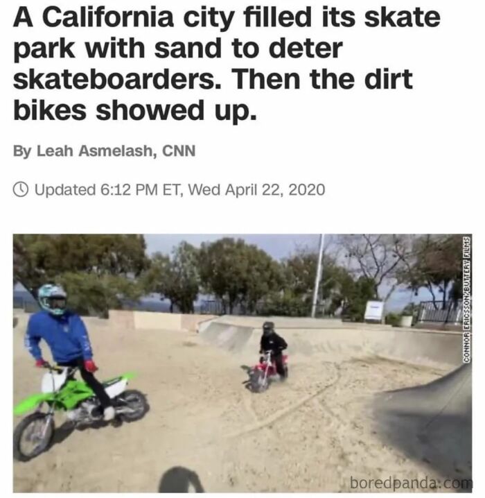 A skate park filled with sand to stop skateboarders, but dirt bikes continue riding, an example of chaotic good vandalism.