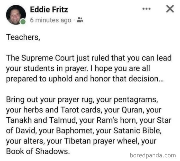 Social media post humorously encouraging teachers to use diverse religious items following a Supreme Court prayer ruling, vandalism for humanity.