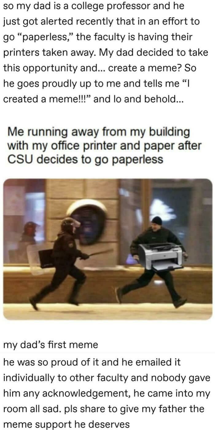 Man running with an office printer while being chased, a wholesome example of vandalism for humanity chaotic good meme.