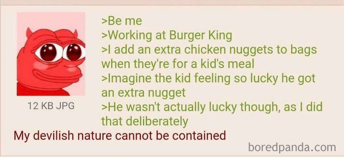 Text post about adding extra chicken nuggets to kids' meals, showcasing a wholesome act of chaotic good vandalism for humanity.