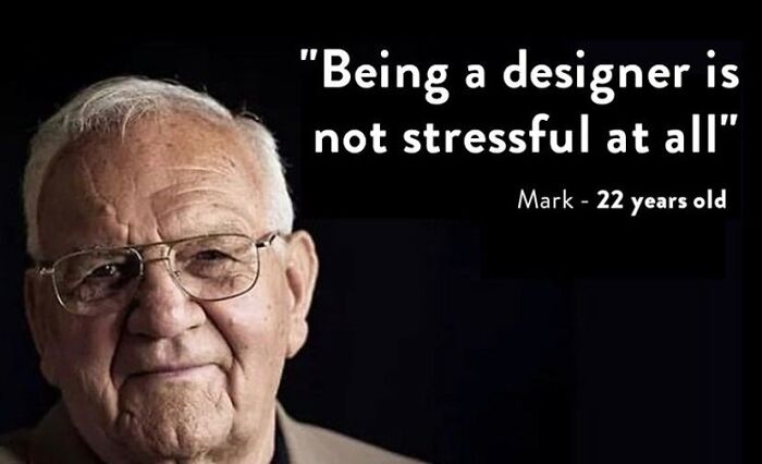 Elderly man with glasses humorously labeled as a 22-year-old graphic designer, highlighting designer humor.