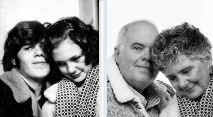 My Wife And I In 1973 And In 2019. I'd Just Turned 16 In The First One, She Was A Month Away From 16. It Was The First Pic Of Us Together, Taken In A Mall Photobooth