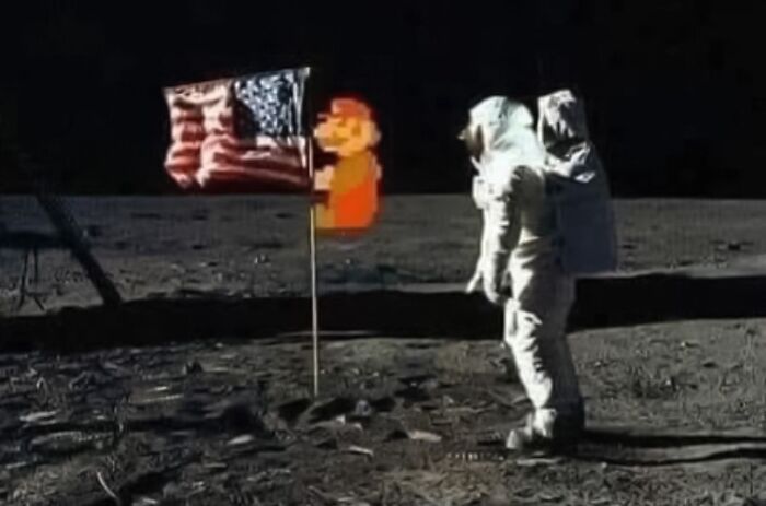 Mario meme with astronaut on the moon next to the American flag, adding funny content to a historical scene.