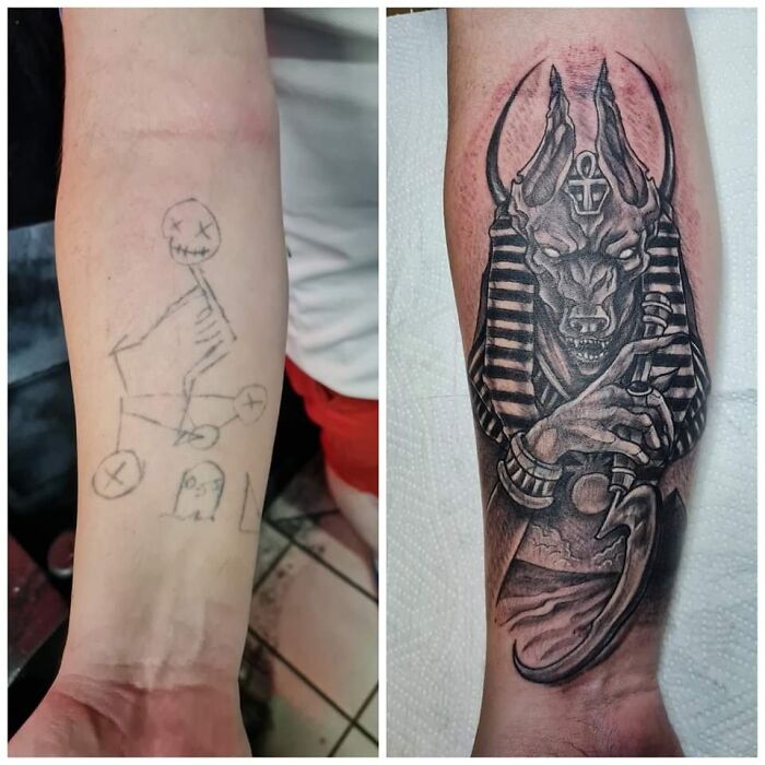 Tattoo comparison showing an amateur sketch vs. a detailed Anubis design, highlighting tattoo artist research importance.