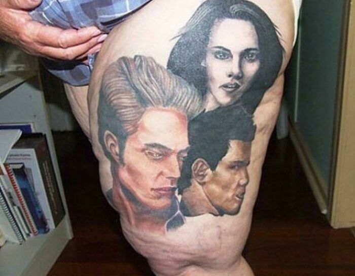 Inked portraits of three people on a leg, highlighting questionable tattoo artist research.