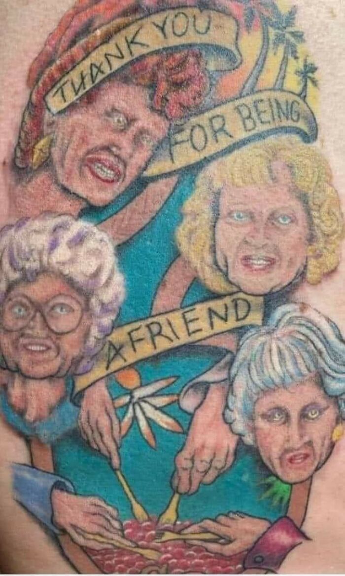 Poorly executed tattoo of four faces with a banner reading “Thank You For Being A Friend.”