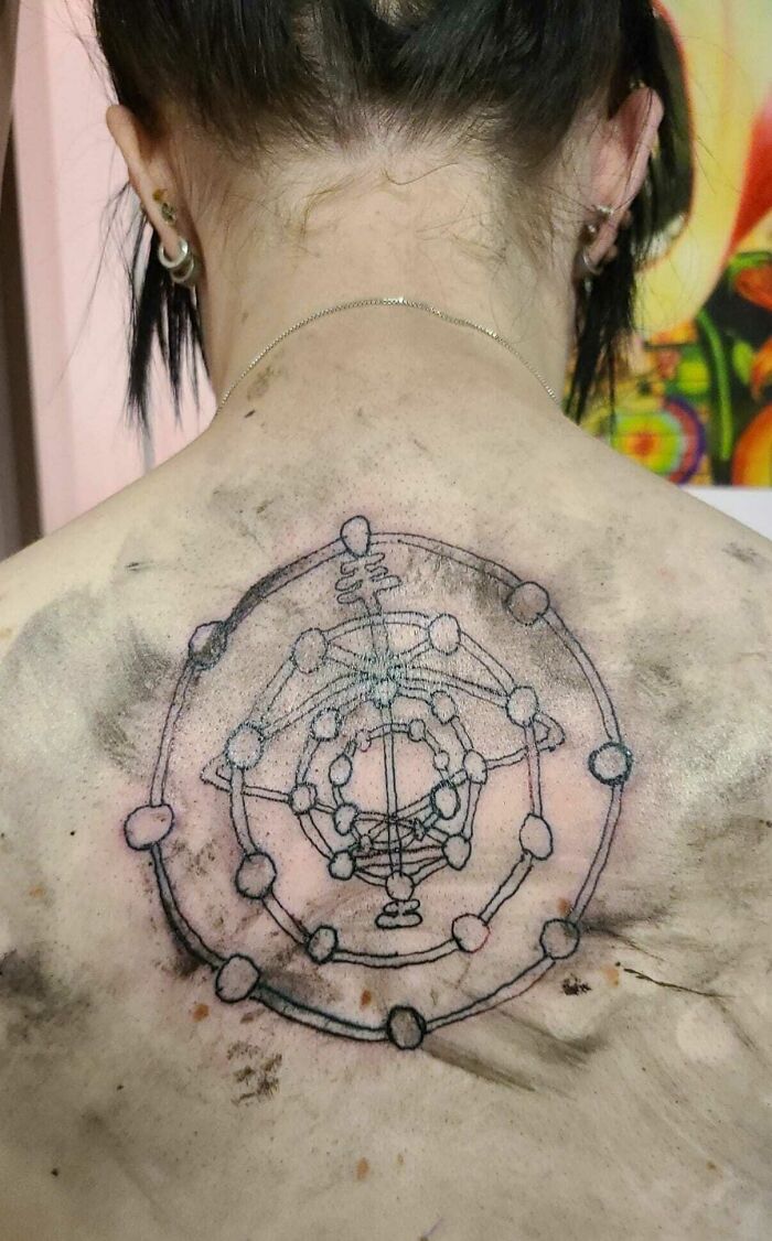 Poorly executed tattoo on a person's back, indicating inadequate research on the tattoo artist.