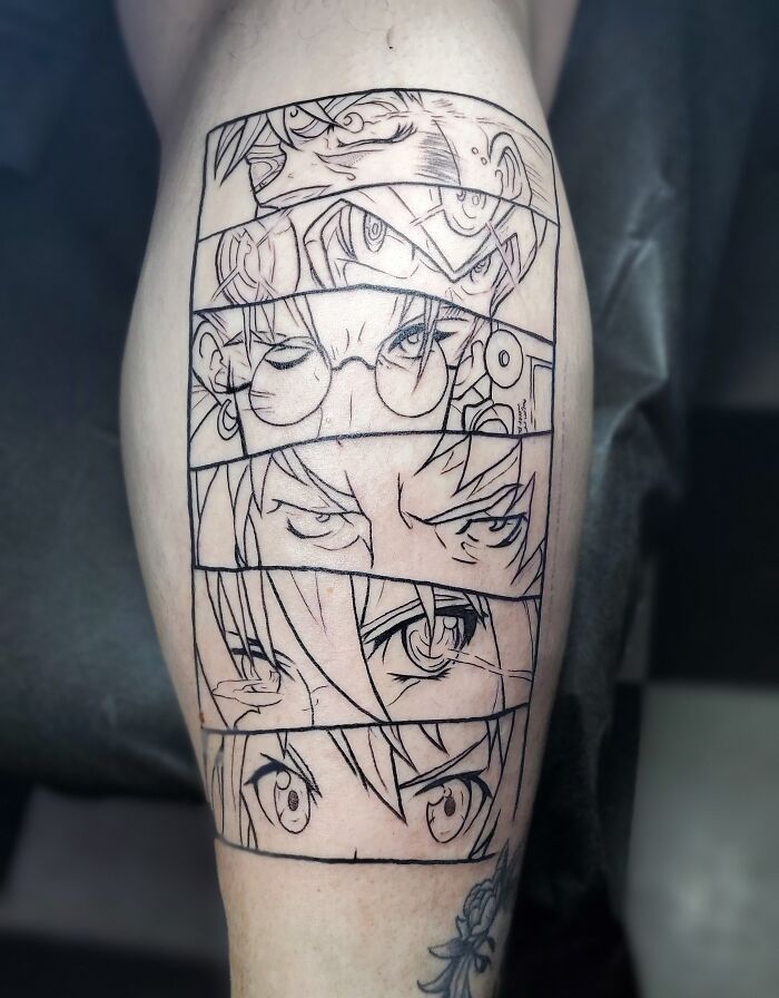 Cartoon tattoo showcasing six intense anime character eyes in black ink.