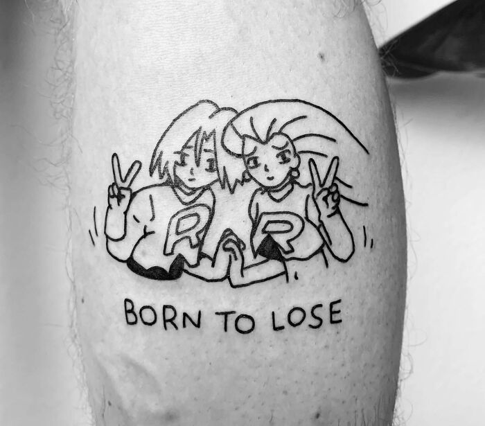 Cartoon tattoo of two characters Jessie And James making peace signs with "Born to Lose" text below.
