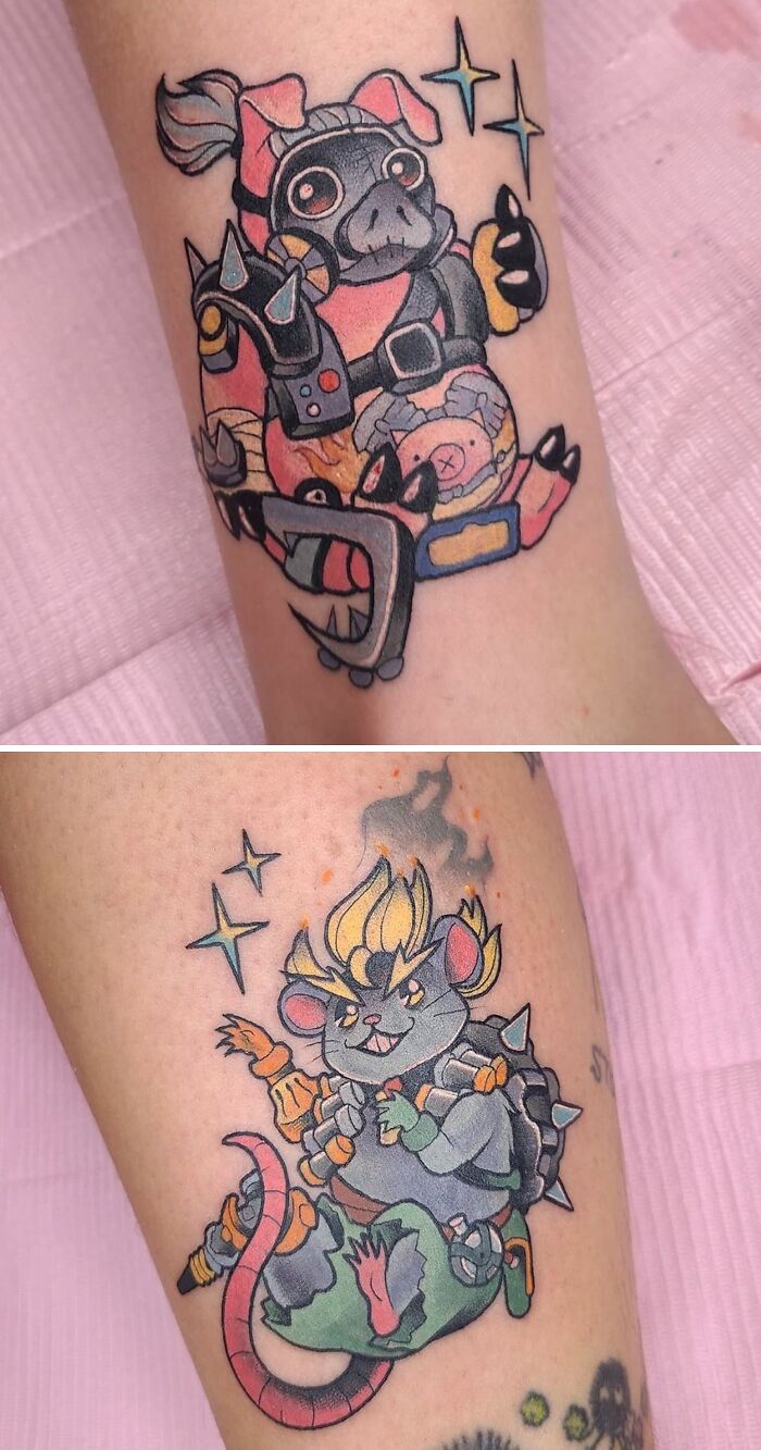 Overwatch video game tattoos featuring a cartoon pig and a warrior mouse on an arm.