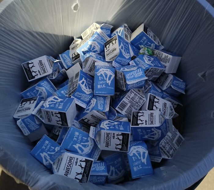About Half Of This 50-Gallon Trash Can Is Full Of Perfectly Good Cartons Of Milk. Expiration Date Is In 2 Weeks. Schools Waste A Lot Of Food