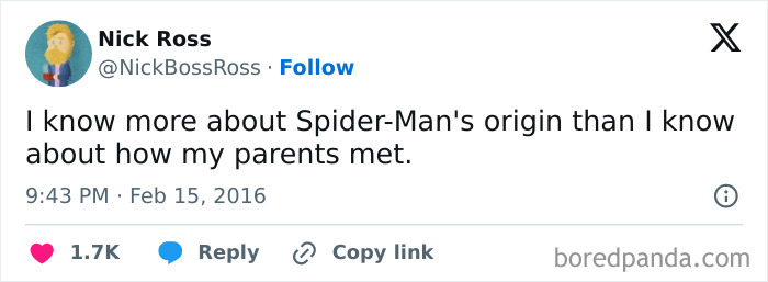 A humorous meme about knowing Spider-Man origins better than family history.