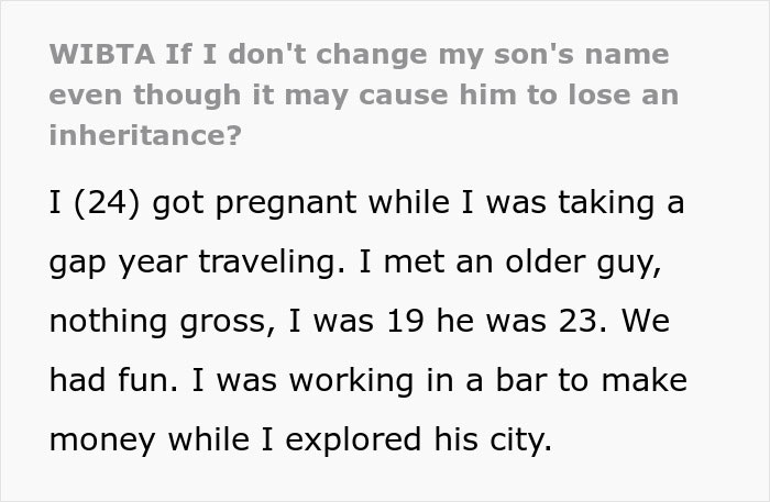 Text post discussing a young woman&rsquo;s dilemma about her son&rsquo;s name affecting rich grandparents&rsquo; inheritance promise.