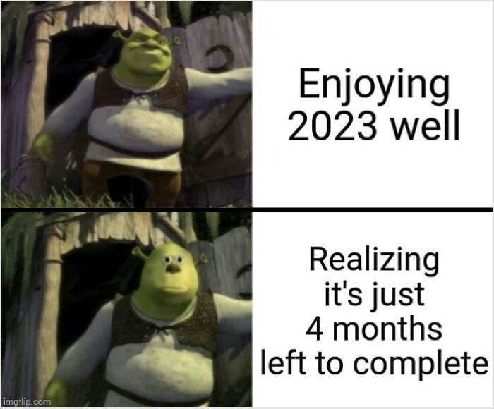 Shrek meme showing transition from enjoying 2023 to realizing only 4 months remain.