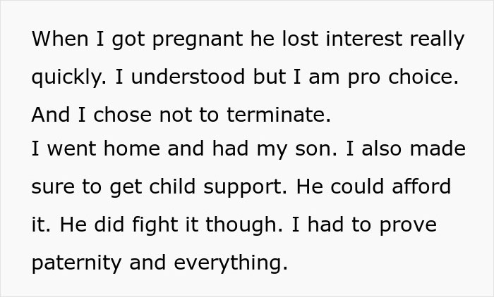 Text excerpt about pregnancy, child support, and proving paternity, related to rich grandparents and inheritance concerns.