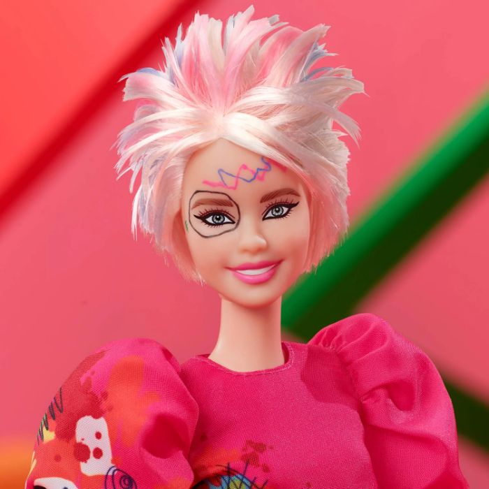 Weird Barbie with punk-style hair and colorful dress, inspired by a movie. Weird Barbie with punk-style hair and colorful dress, inspired by a movie.
