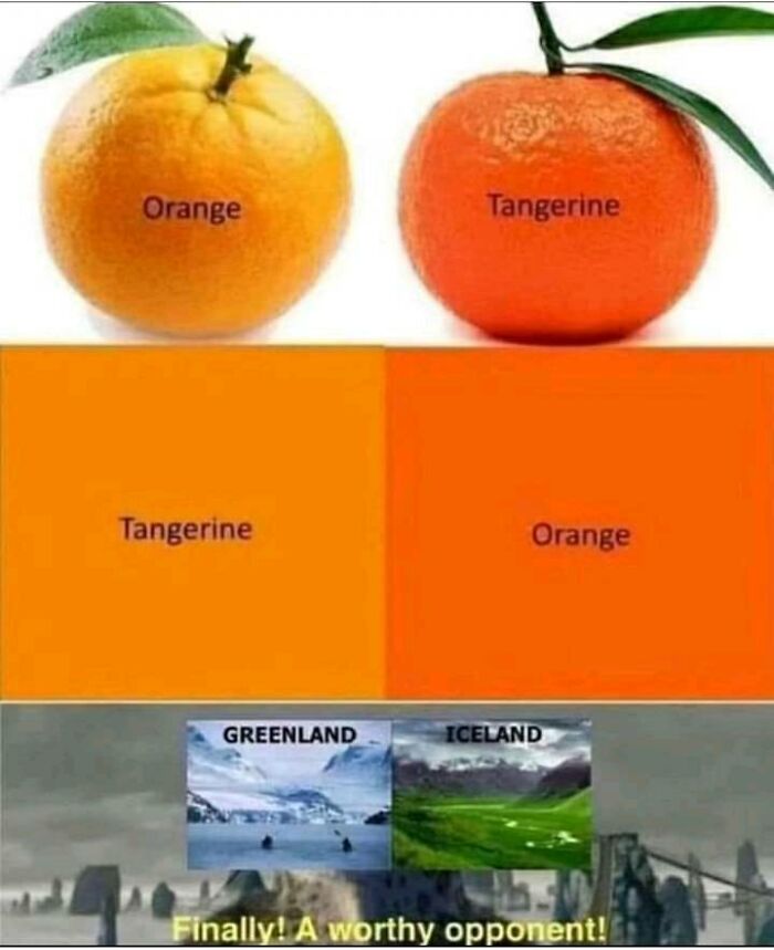 Weird memes comparing orange and tangerine colors with Greenland and Iceland landscapes.