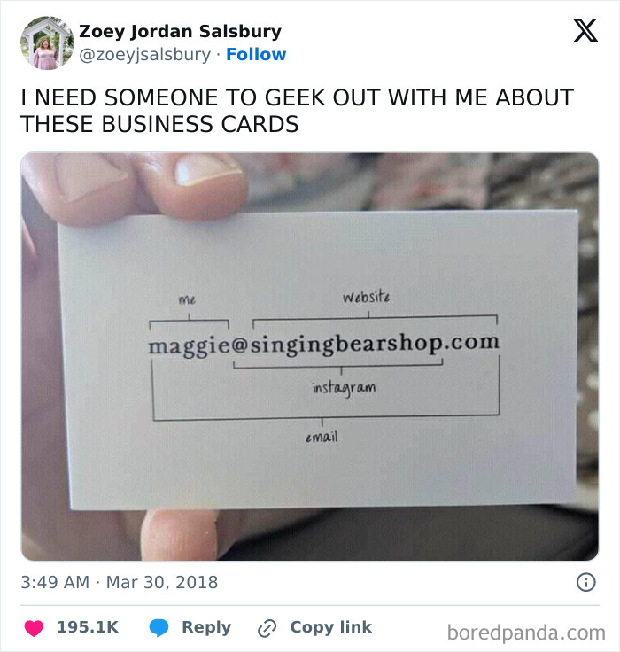 Funny meme for graphic designers: person holding a clever business card design with an email address breakdown.