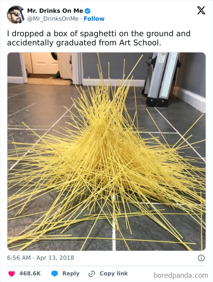 A pile of uncooked spaghetti on the floor resembling abstract art, adding humor relatable to graphic designers.