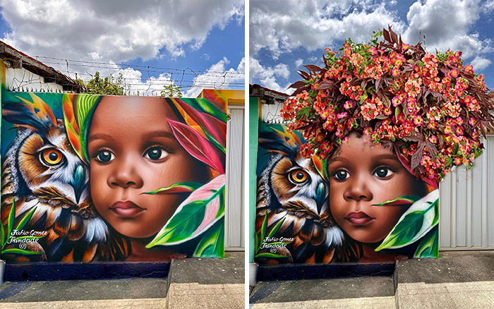 Street Artist Continues To Paint Portraits On Walls Next To Trees That Double As Hair