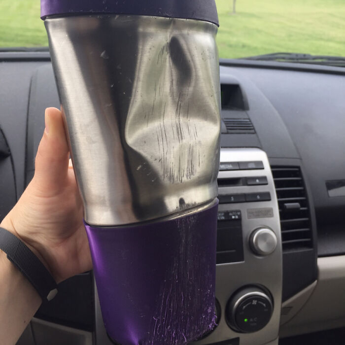 When Your Pregnant Babysitter Sends You Pics Of The Cup She Forgot She Put On The Roof Of The Car, Drove Off, Then Ran Over It