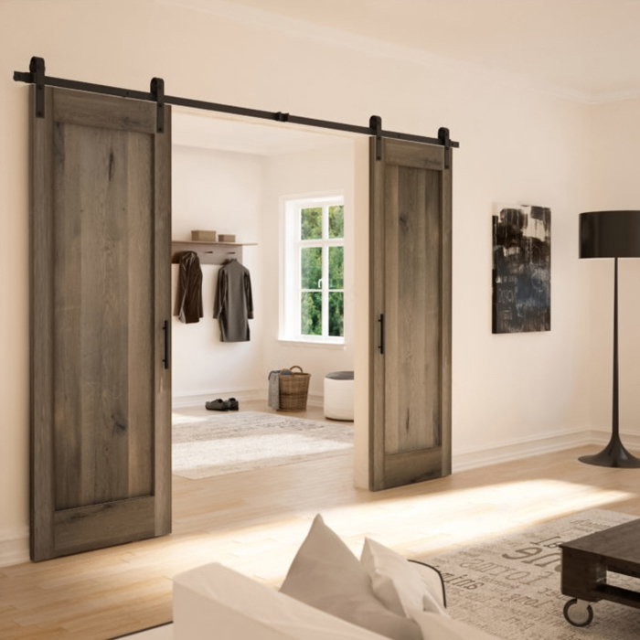 Rustic wooden brown two part barn door room divider inside light interior Rustic wooden brown two part barn door room divider inside light interior