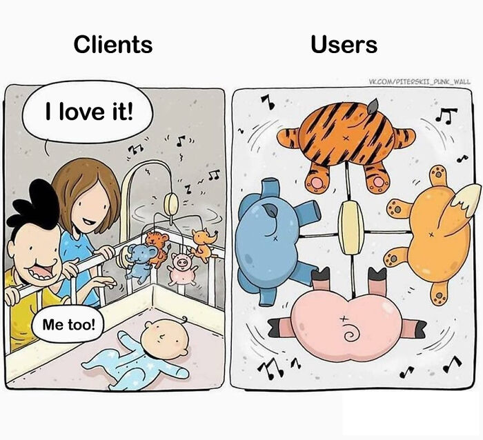 Graphic designers' humor: clients love a baby mobile, while users see it in disarray.