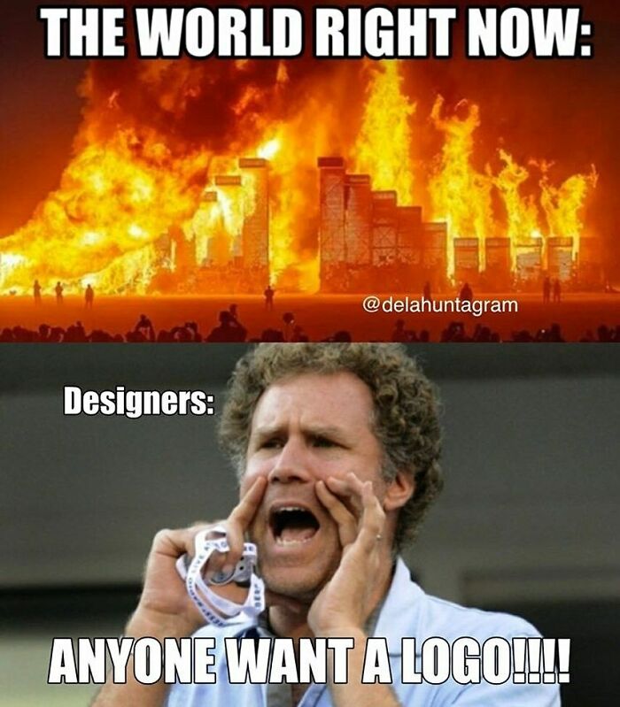 A graphic designer humor meme featuring a man shouting about logo design amidst chaos.