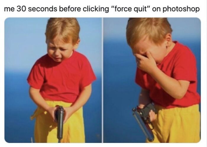A humorous meme with a child holding a toy gun, relating to graphic designers' Photoshop struggles.