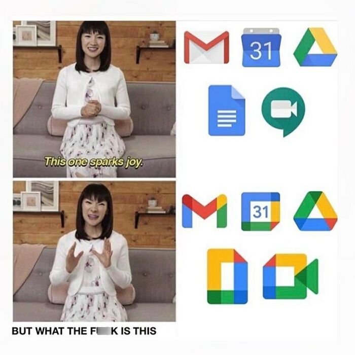 Graphic designers humor meme comparing new and old app icons with humorous reactions.