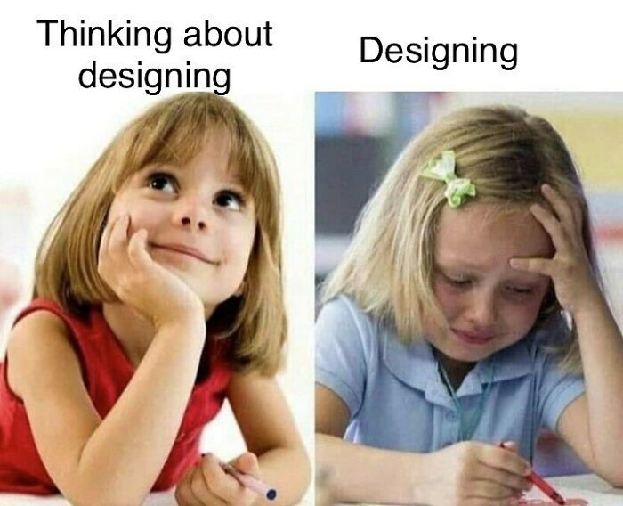 Two young girls illustrating graphic designers' humor: one dreaming happily, the other frustrated while designing.