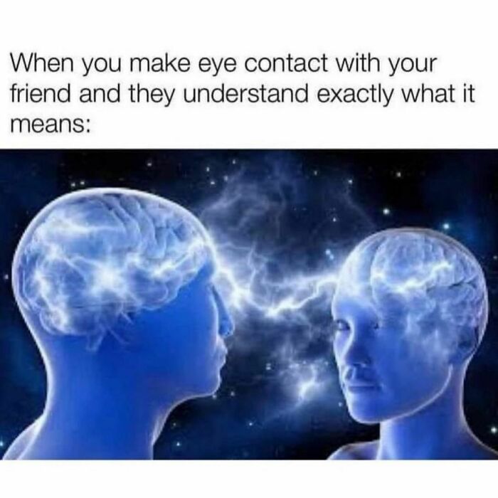 Two blue human figures with glowing brains making eye contact, humorously depicting a relatable friendship moment.