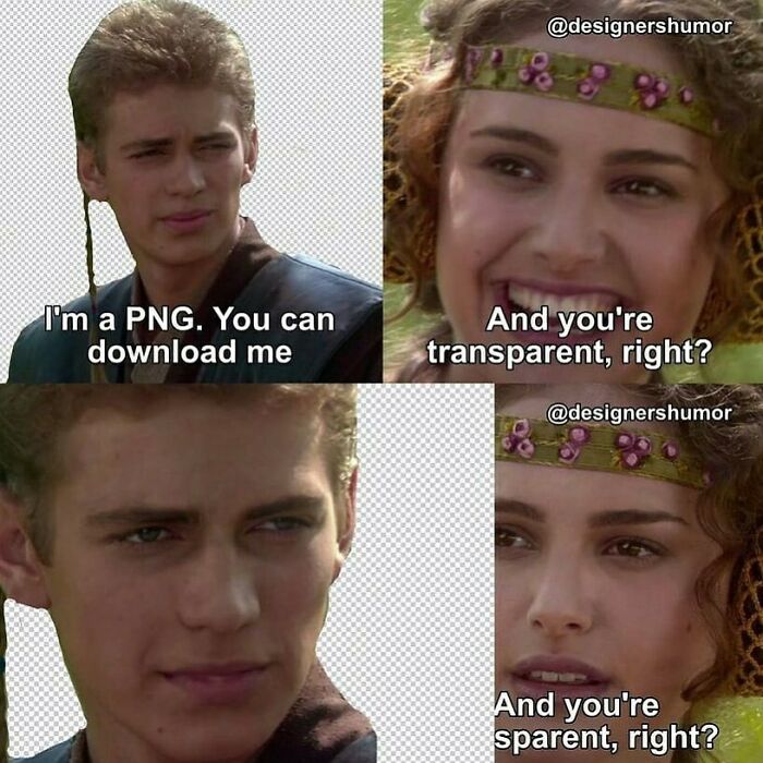 Graphic design meme with humorous dialogue about PNG image transparency.