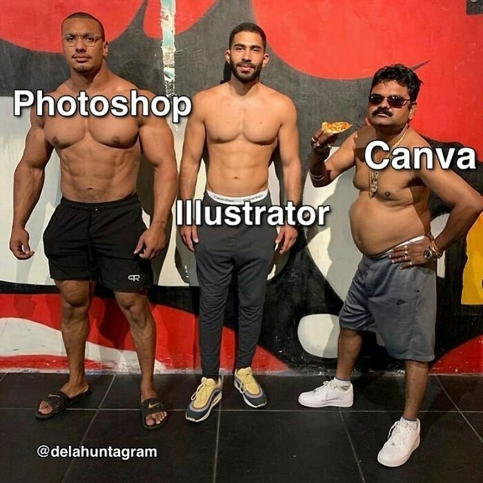 Graphic designers humor meme comparing Photoshop, Illustrator, and Canva with different body types.